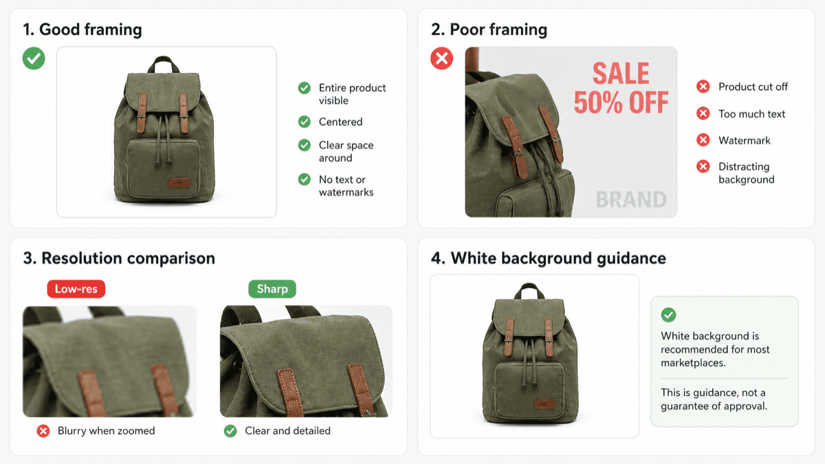 Marketplace product image example showing good framing, poor framing, resolution comparison, and white background guidance.